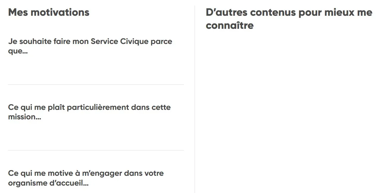 Extrait du site de l'Agence du Service civique lorsque l'on dépose un dossier de candidature. Les motivations et autres contenus qui concernent le candidat.
