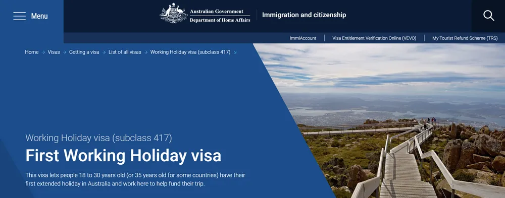page d'accueil immi home affairs pour le working holiday visa class 417