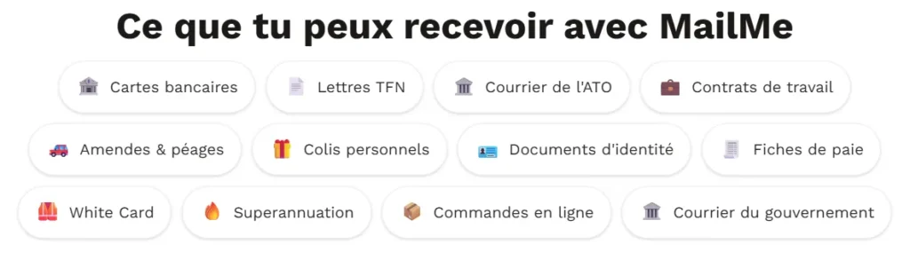 Exemples de courriers et documents que vous pouvez recevoir avec MailMe pendant un PVT en Australie : TFN, carte bancaire, ATO, contrats de travail, White Card et colis.