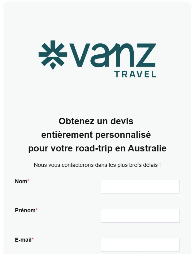 Formulaire de demande de devis personnalisé Vanz Travel pour organiser un road trip en Australie