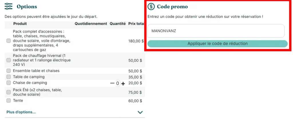 encart sur le site de vanz travel des codes de réduction, application du code MANONVANZ pour 5% de réduction