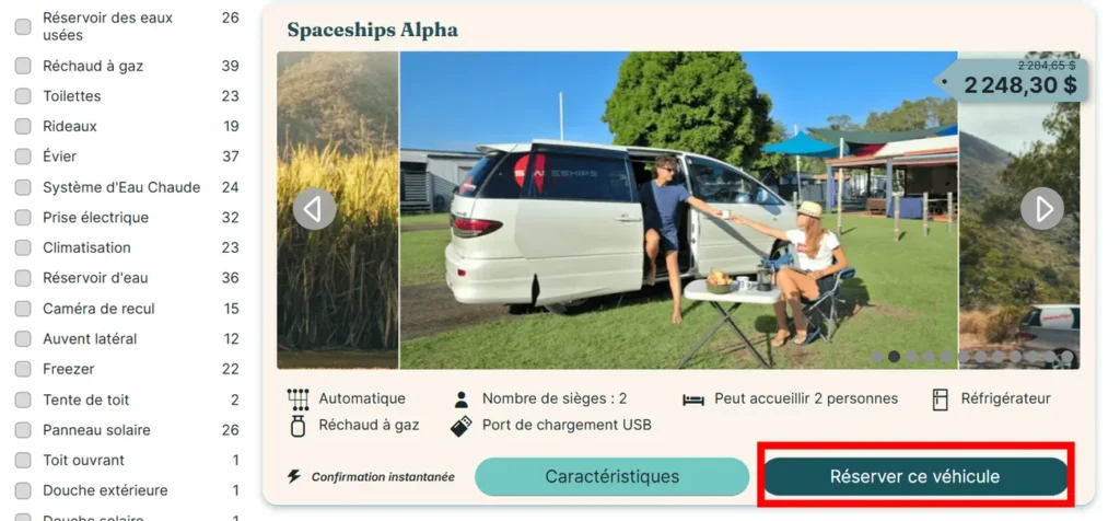 page de réservation d'un van sur le site de vanz travel