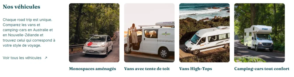Différents véhicules proposés par Vanz Travel en Australie : monospace aménagé, van avec tente de toit, van high-top et camping-car tout confort.