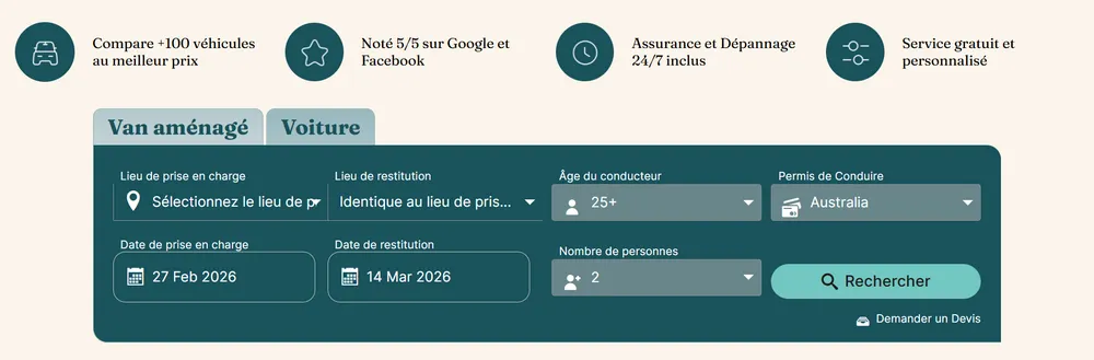 widget de location sur le site de vanz travel : choix entre van aménagé ou voiture, lieu de prise en charge, dépot du véhicule, âge, nationalité, nombre de personnes.