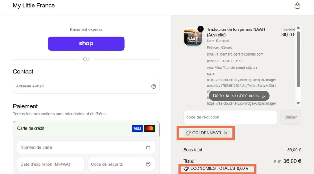 Application du code promo GOLDENNAATI sur la commande d'une traduction NAATI My Little France avec 8 € de réduction.