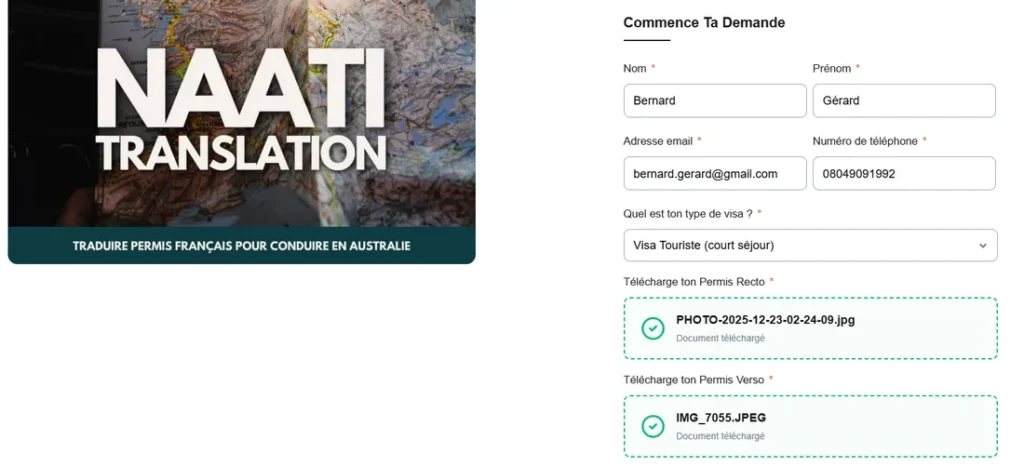 Capture du formulaire My Little France pour commander une traduction NAATI du permis français en Australie.