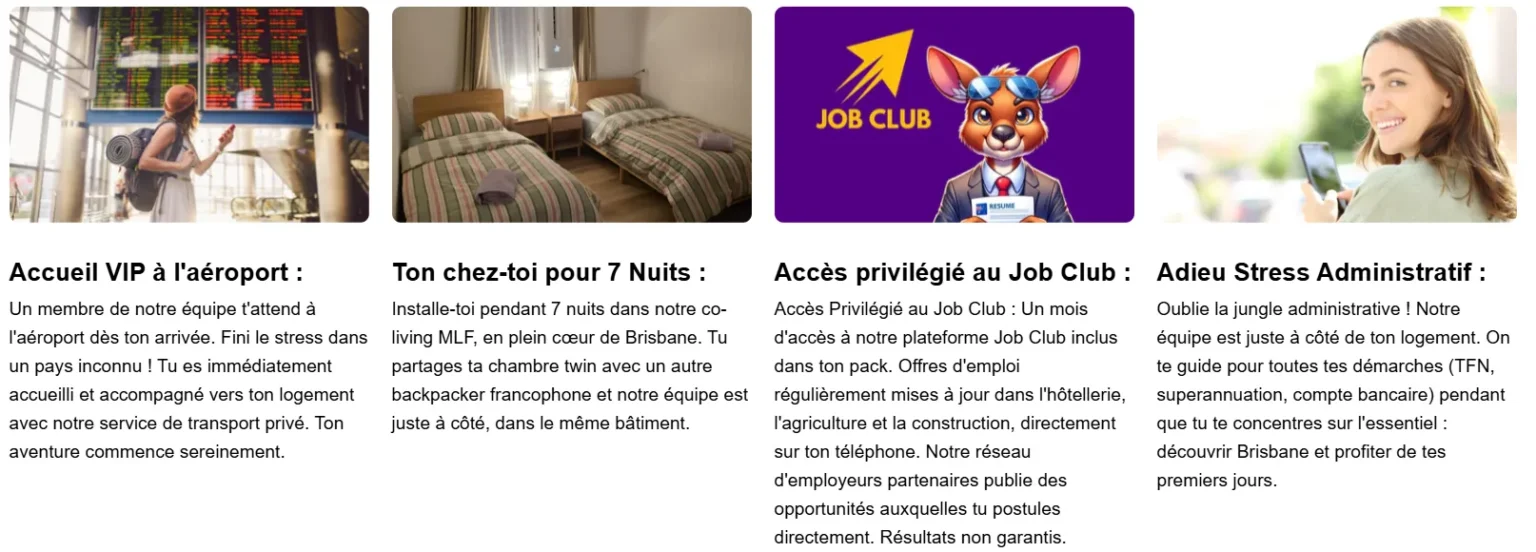 Services inclus dans le Pack Relax de My Little France pour une arrivée en PVT à Brisbane : accueil à l'aéroport, logement en co-living, Job Club et démarches administratives.