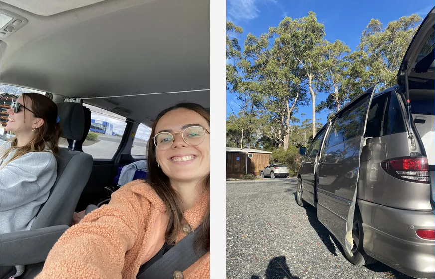van aménagé location Australie prix road trip, lucille et moi dans le monospace aménagé et le monospace garé dans un camping
