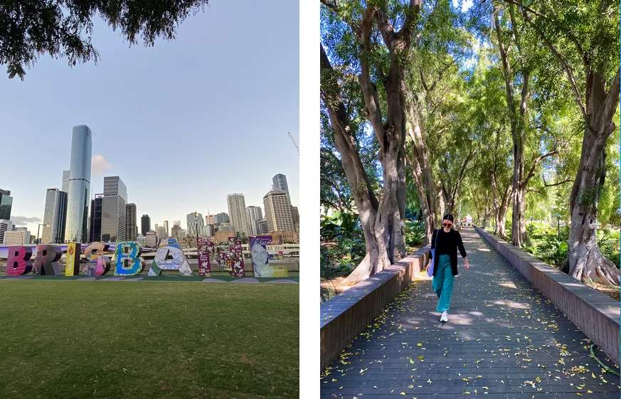 découverte de Brisbane en australie, devant le sigle "Brisbane" et balade dans le parc