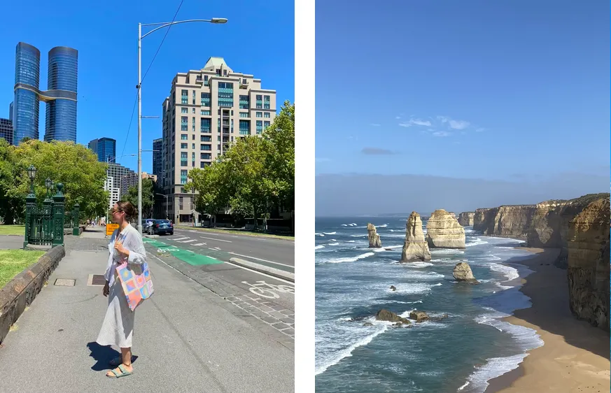 découverte de melbourne sur la photo de gauche et les Twelve Apostles lors de notre road trip en van entre Sydney et Melbourne en Australie (sur la photo de droite)