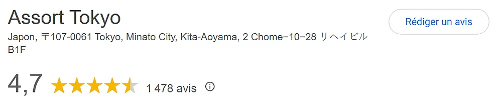 notes sur Google, avis du salon de coiffure Assort Tokyo à Tokyo