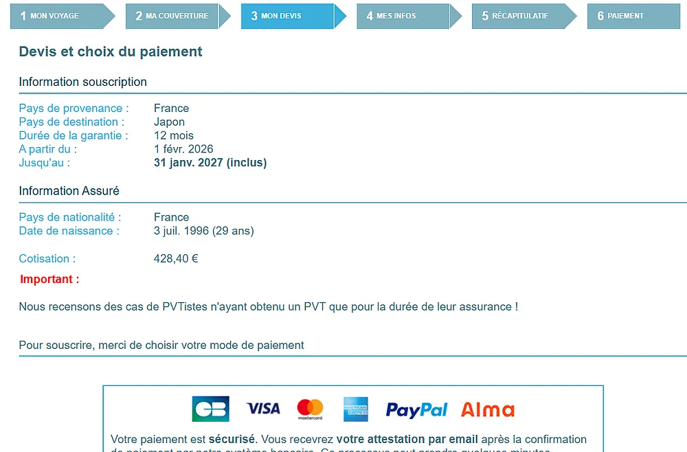 Devis et choix du paiement, Globe PVT d'ACS, page 3 "Mon devis" exemple avec pvt au japon prix assurance pvt