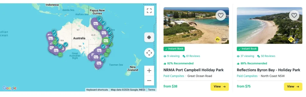 screenshot de l'application campermate en australie, pour trouver des campings ou freecamps lors d'un road trip en van en australie