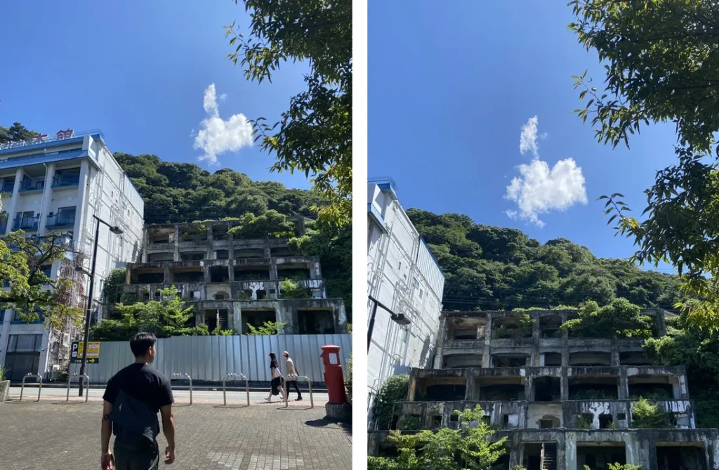 batiment recouvert de végétation dans atami près du téléphérique, abandonné ? ressemblance à the last of us
