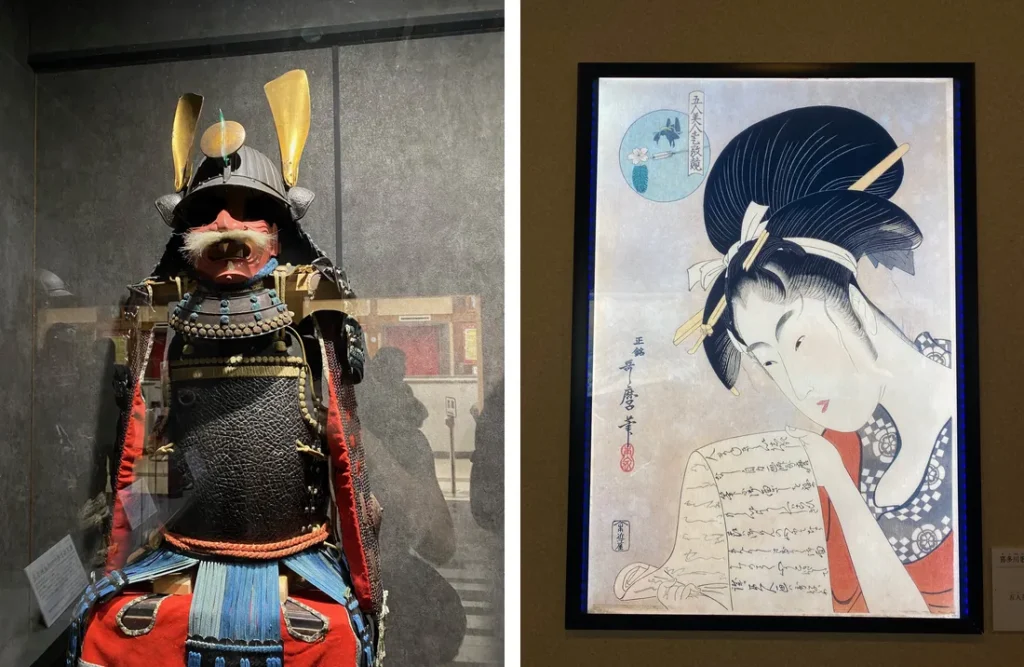 exposition dans le chateau d'atami au japon : armures de samouraïs, des objets datant de l’époque Edo (1603–1868)