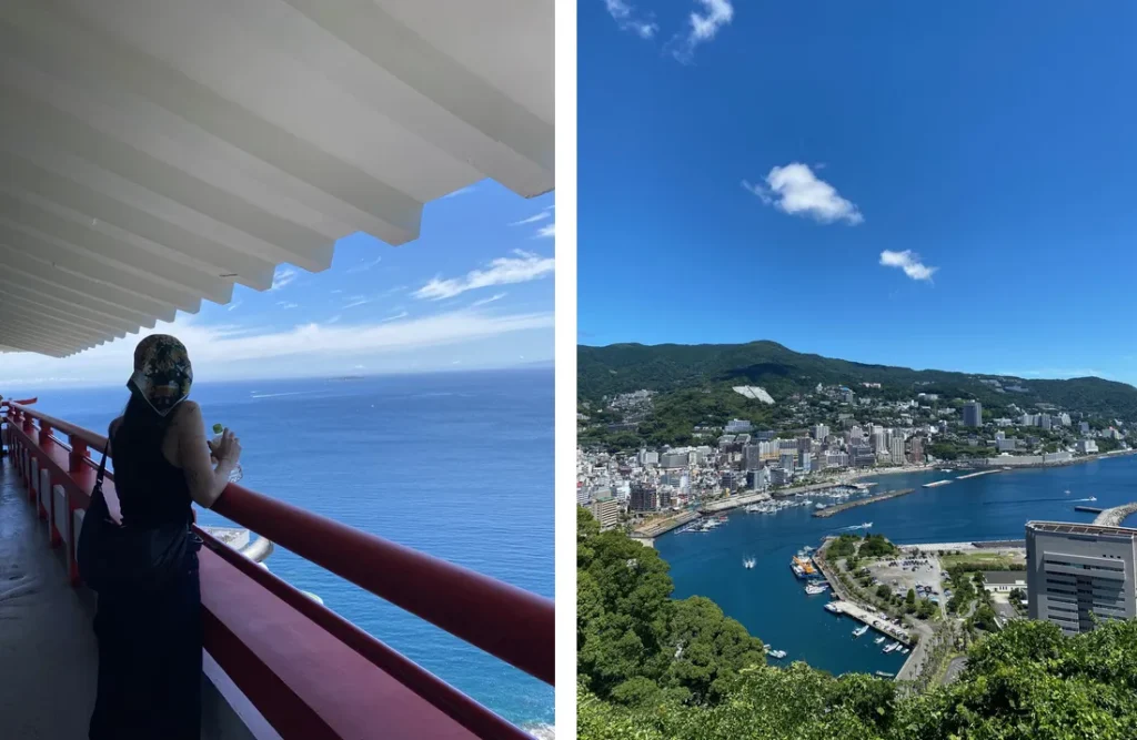D’un côté, la ville d’Atami au Japon descend en cascade vers la mer, avec ses immeubles un peu rétro et ses hôtels face à l’océan. De l’autre, la baie de Sagami qui s’étend à perte de vue, avec cette couleur bleu profond typique du Pacifique.