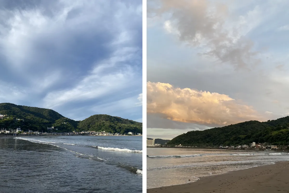 la plage d'usami, japon, péninsule d'izu au coucher du soleil