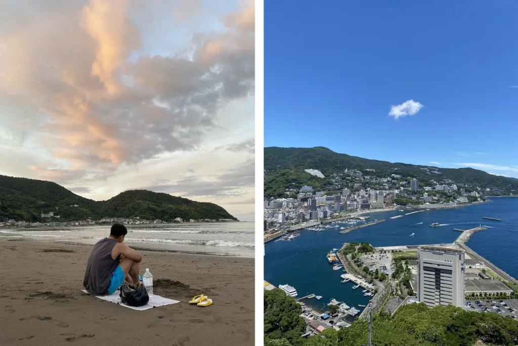 plage d'usami comparée à la plage d'atami dans la péninsule d'izu au japon. une plage déserte, sauvage d'un cpoté et une plage de ville de l'autre
