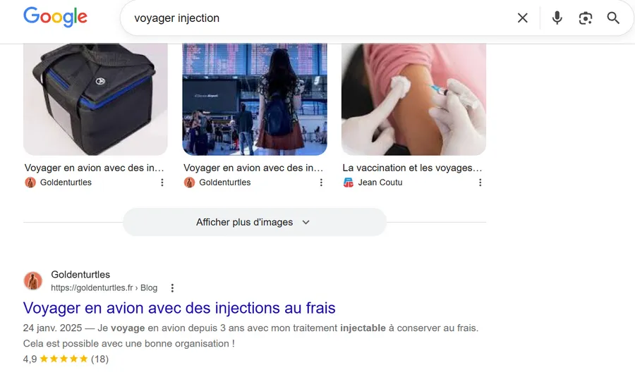 article voyager en avion avec des injections au frais positionné sur Google