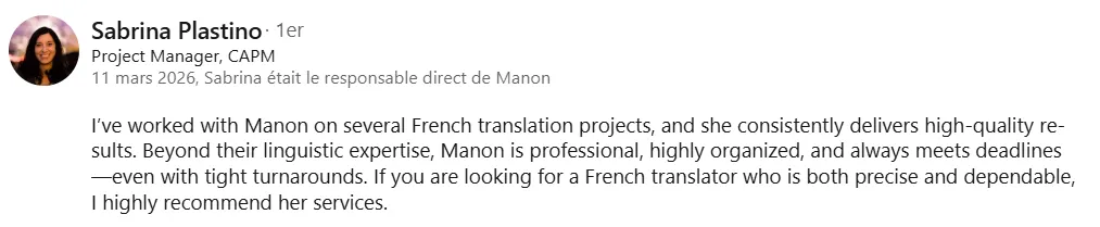 témoignage LinkedIn d'une cliente sur les services de traduction et de rédaction web SEO freelance de Manon Le Roux
