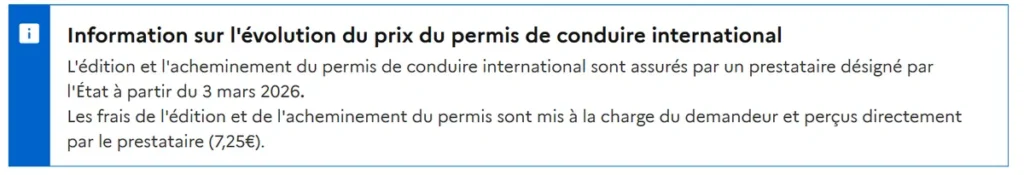 Information de l'ANTS sur le nouveau prix du permis de conduire international fixé à 7,25 € depuis le 3 mars 2026