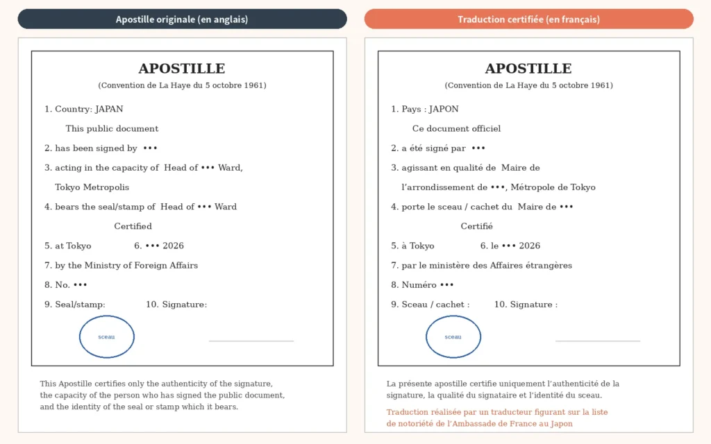 Apostille japonaise en anglais et sa traduction certifiée en français pour un dossier de PACS