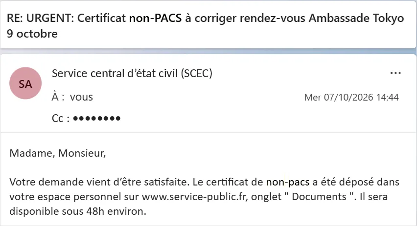 E-mail du Service central d’état civil confirmant que la demande de certificat de non-PACS corrigé a été traitée