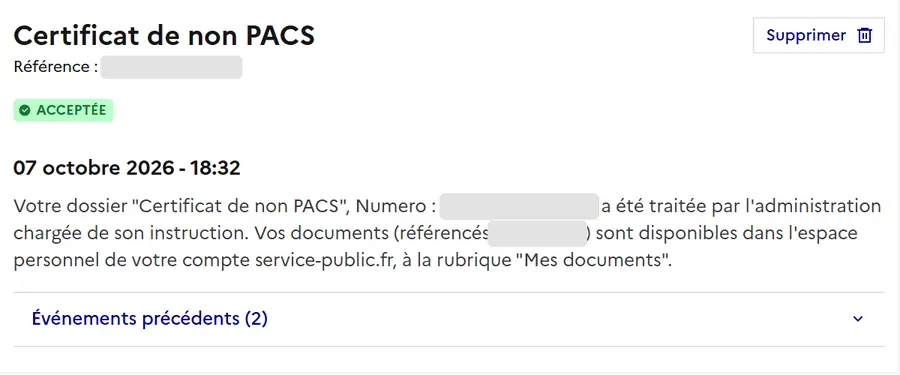 Tableau de bord Service-Public : demande de certificat de non-PACS au statut acceptée, document disponible dans Mes documents