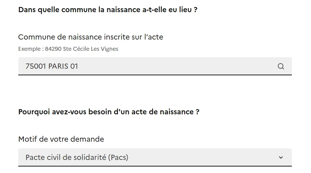 Formulaire Service-Public de demande d'acte de naissance avec le motif Pacte civil de solidarité (Pacs)