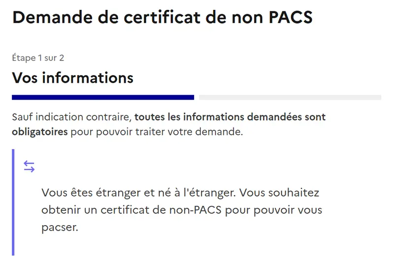 Démarche en ligne Service-Public de demande de certificat de non-PACS pour un étranger né à l'étranger