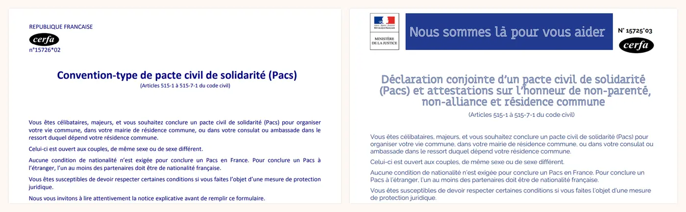 Les deux formulaires du PACS : la convention-type Cerfa n°15726*02 et la déclaration conjointe Cerfa n°15725*03