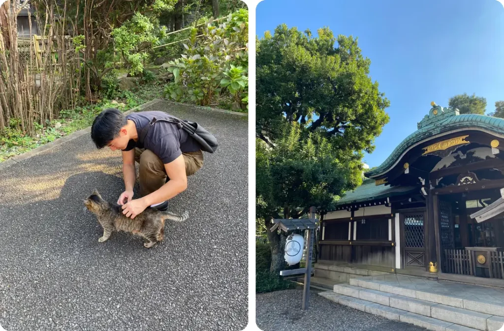 Chota caresse un chat dans un sanctuaire shinto de Tokyo, où nous sommes allés prier avant notre rendez-vous de PACS à l’Ambassade de France